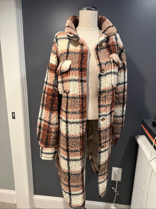 Jackets & Blazers - Plaid Sherpa Shacket Coat in Brown & Cream